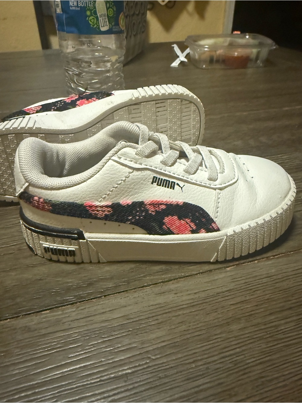 Puma Kids White Sneakers with Navy and Pink Floral Accent